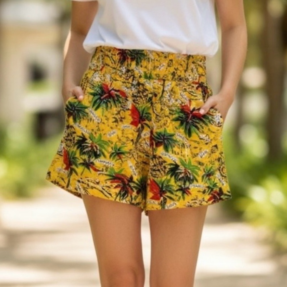 Roseanna Paris Silk Yellow Tropical Print High Waisted Designer Shorts SZ 4
